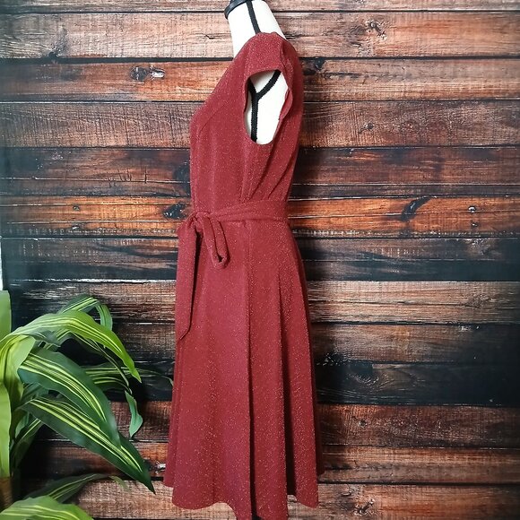 NWT Ivnis Knit Dress XL Wine Glitter Sparkle Belted Zip Back Cap Sleeve Retro - Picture 9 of 13